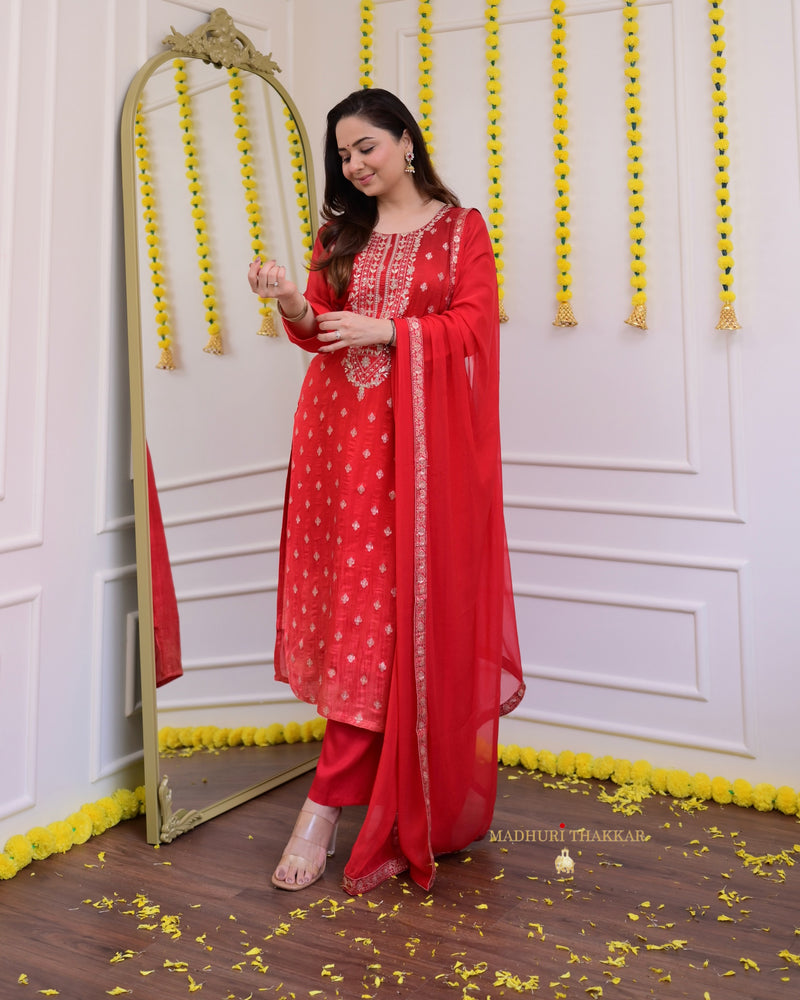 Red Ombre Handwork Silk Suit