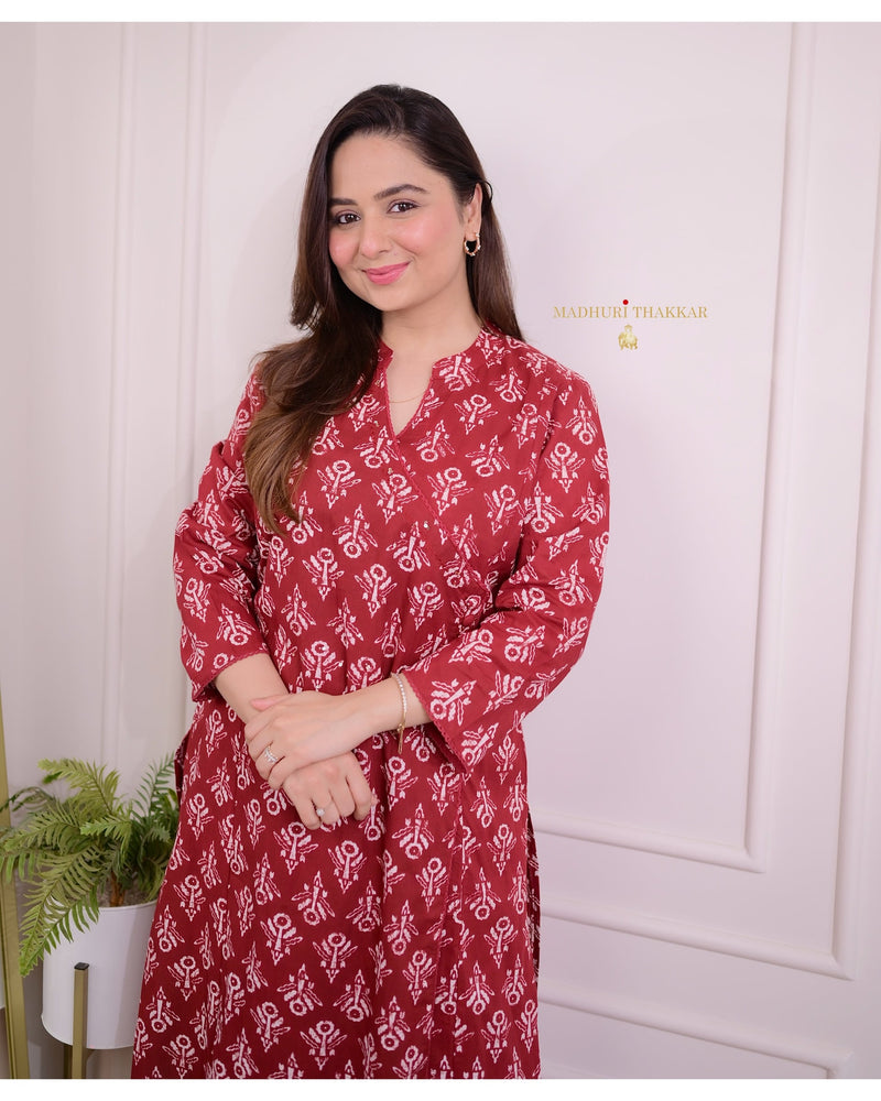 Red-White Printed Sequin Kurta Set