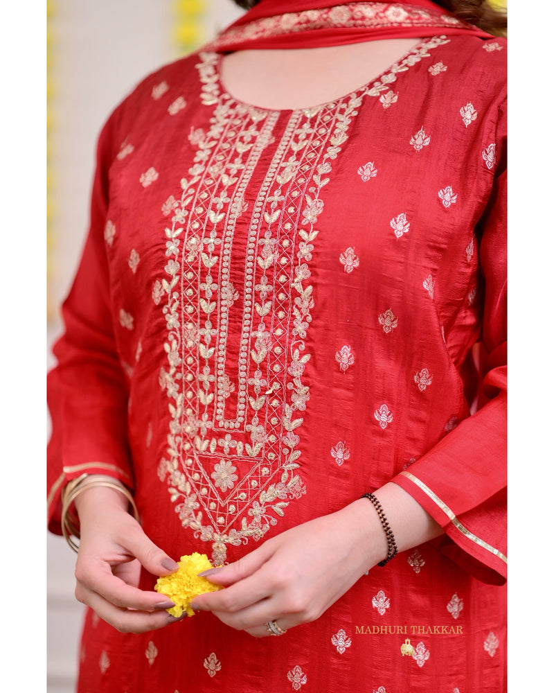 Red Ombre Handwork Silk Suit
