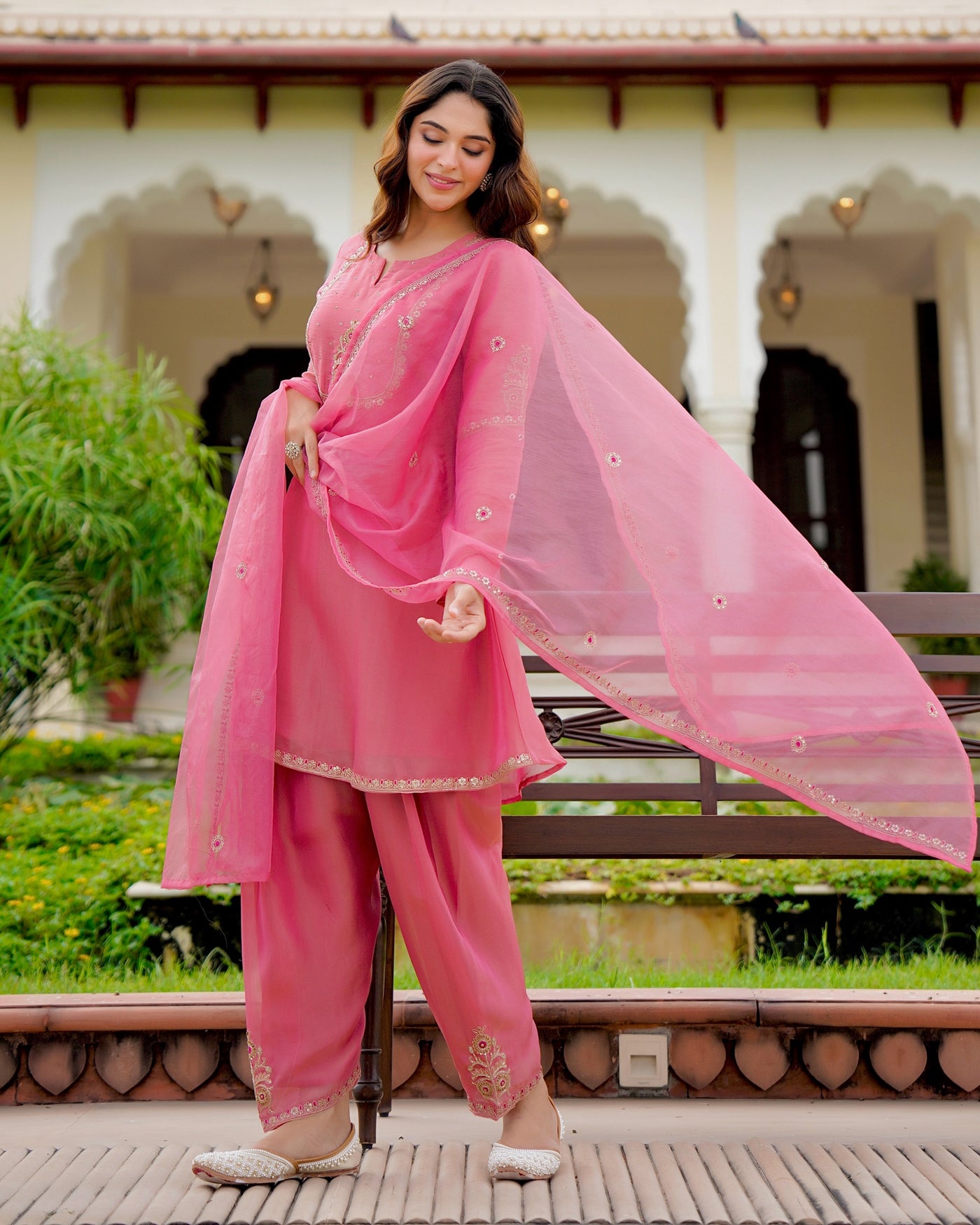 Rose Pink Meher Tissue Silk Farshi Festive Suit