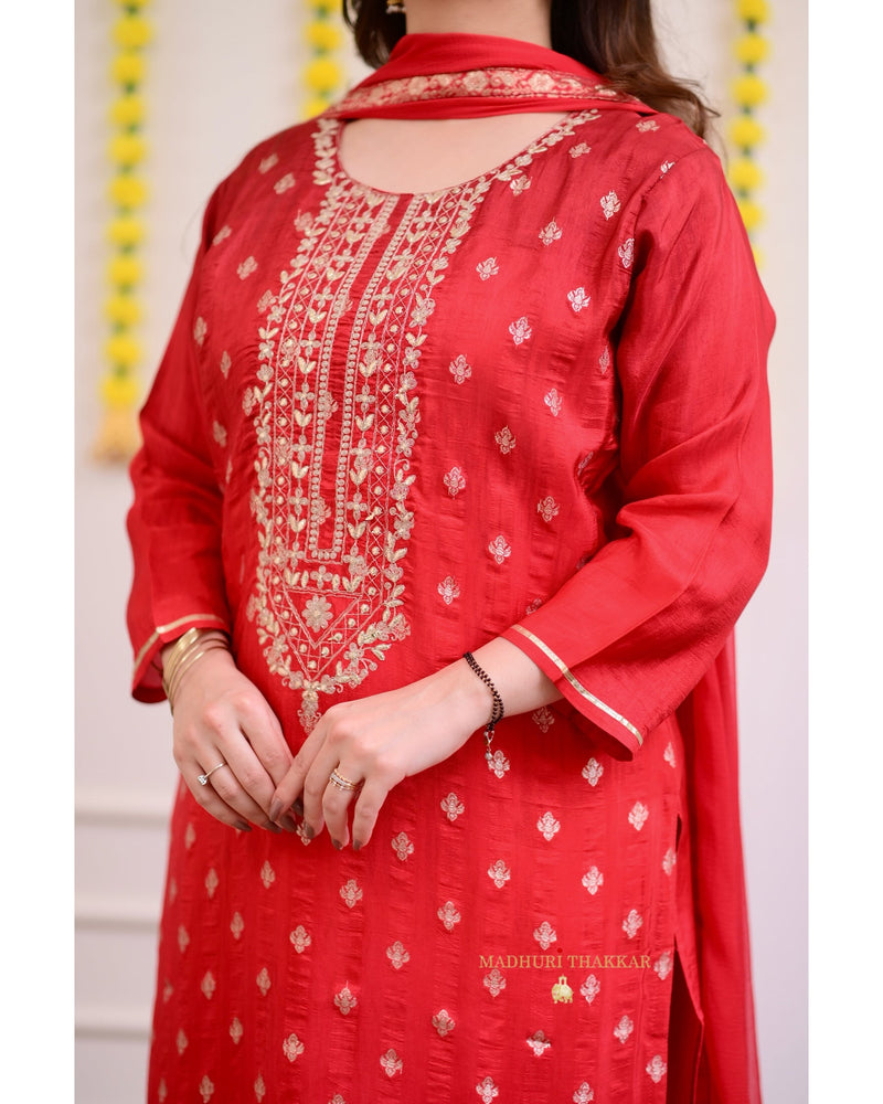 Red Ombre Handwork Silk Suit