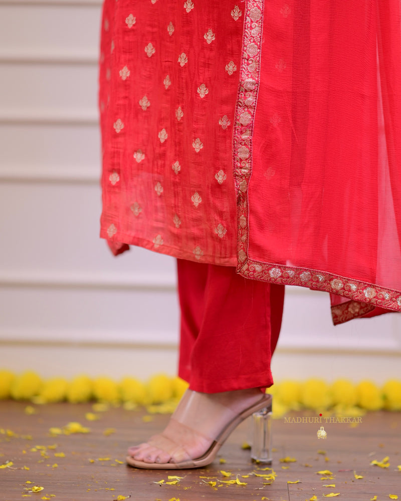 Red Ombre Handwork Silk Suit