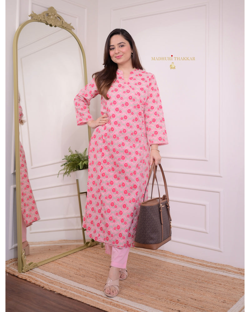 Peach Pink Floral Sequin Kurta Set