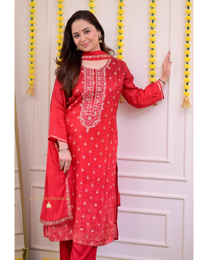 Red Ombre Handwork Silk Suit