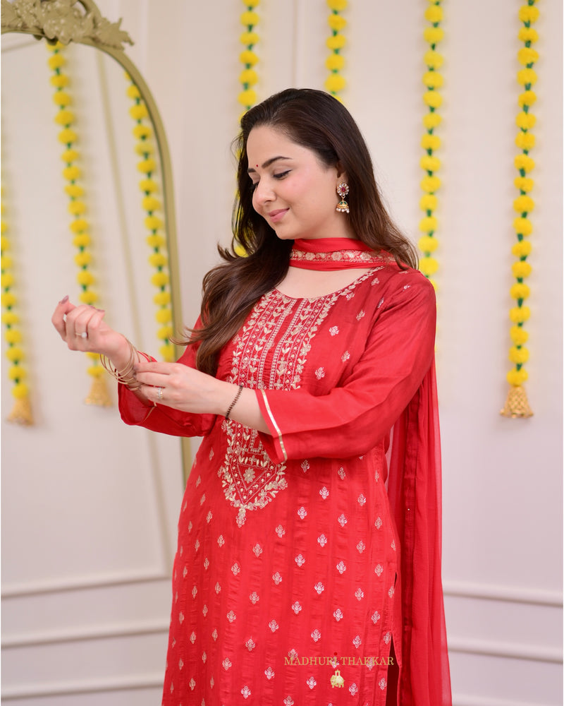 Red Ombre Handwork Silk Suit