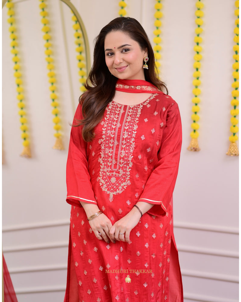Red Ombre Handwork Silk Suit