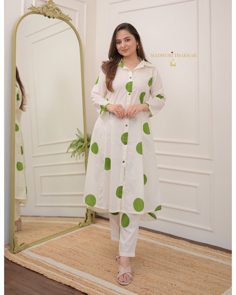 White Green Polka Dots Cotton Co-ord