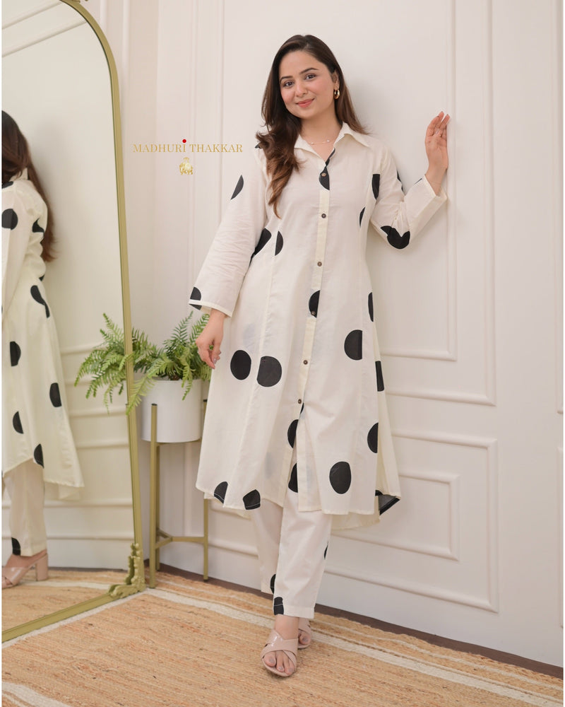 White Black Polka Dots Cotton Co-ord