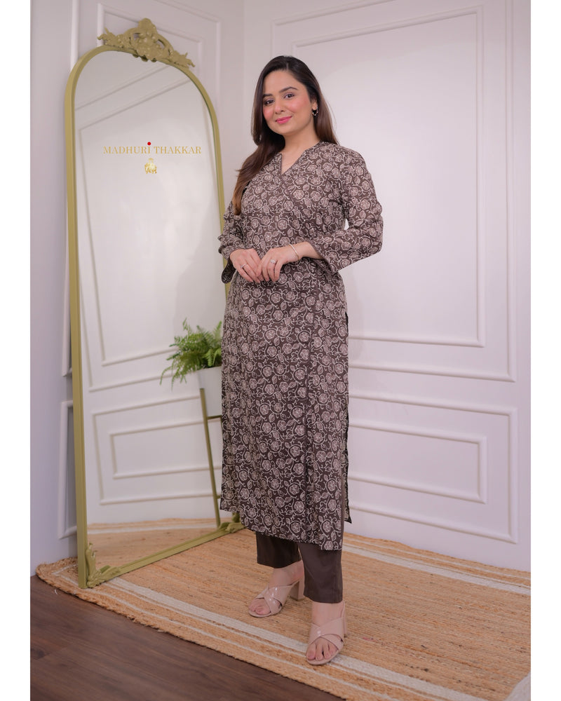 Brown Floral Sequin Kurta Set