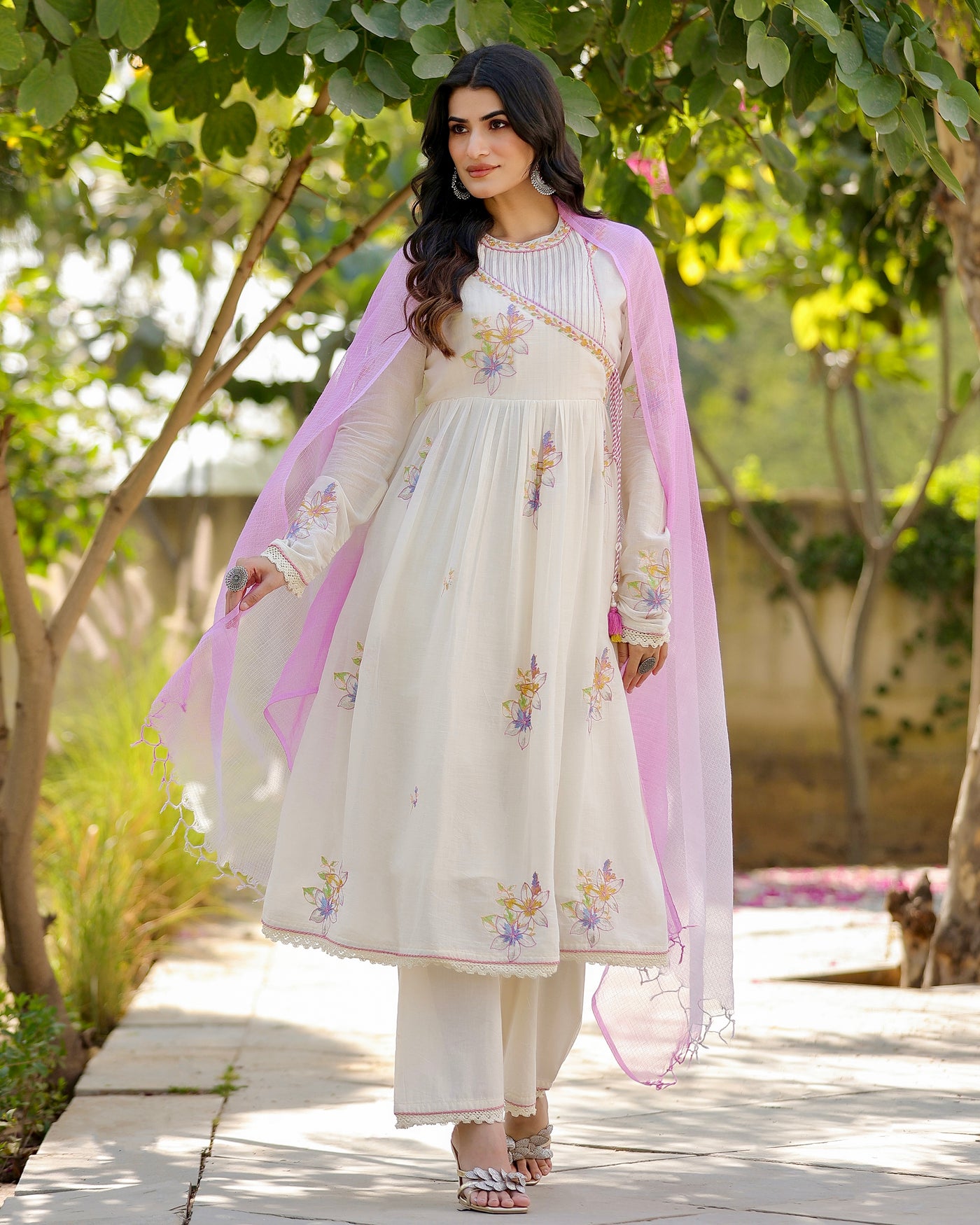 Ivory Petal Garden Mul Cotton A Line Threadwork Suit