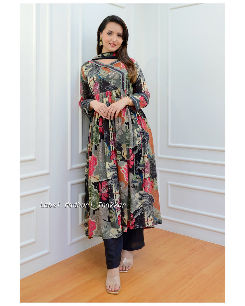Black Floral Chinnon Anarkali Suit