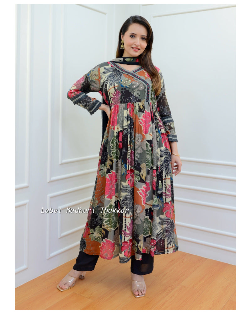 Black Floral Chinnon Anarkali Suit