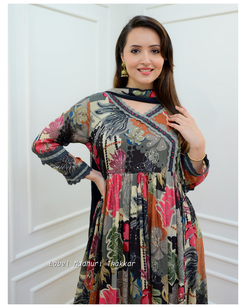 Black Floral Chinnon Anarkali Suit