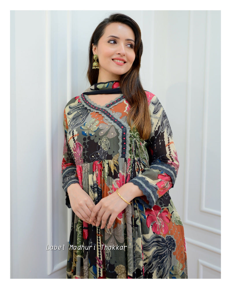Black Floral Chinnon Anarkali Suit