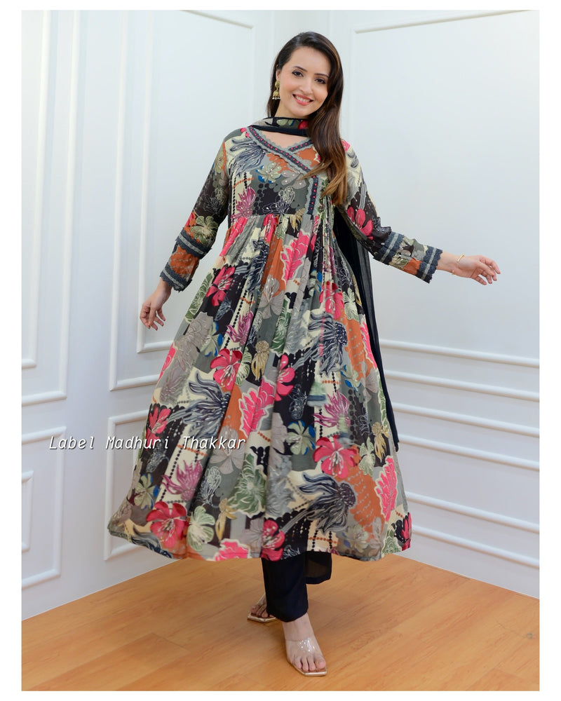 Black Floral Chinnon Anarkali Suit