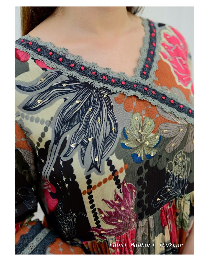 Black Floral Chinnon Anarkali Suit