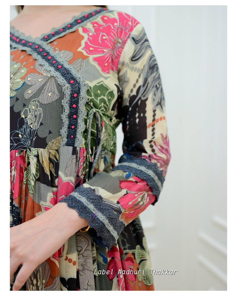 Black Floral Chinnon Anarkali Suit