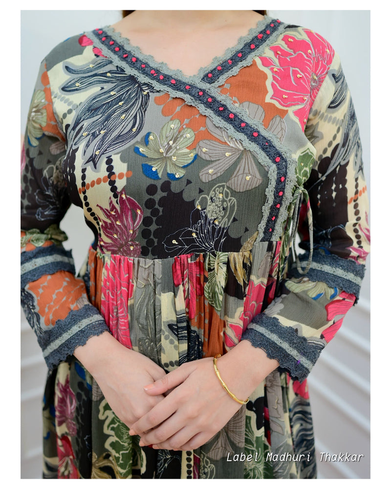 Black Floral Chinnon Anarkali Suit
