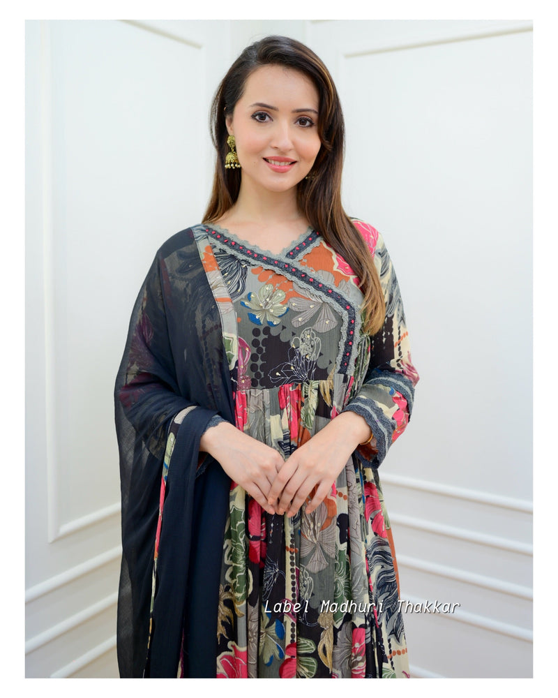 Black Floral Chinnon Anarkali Suit