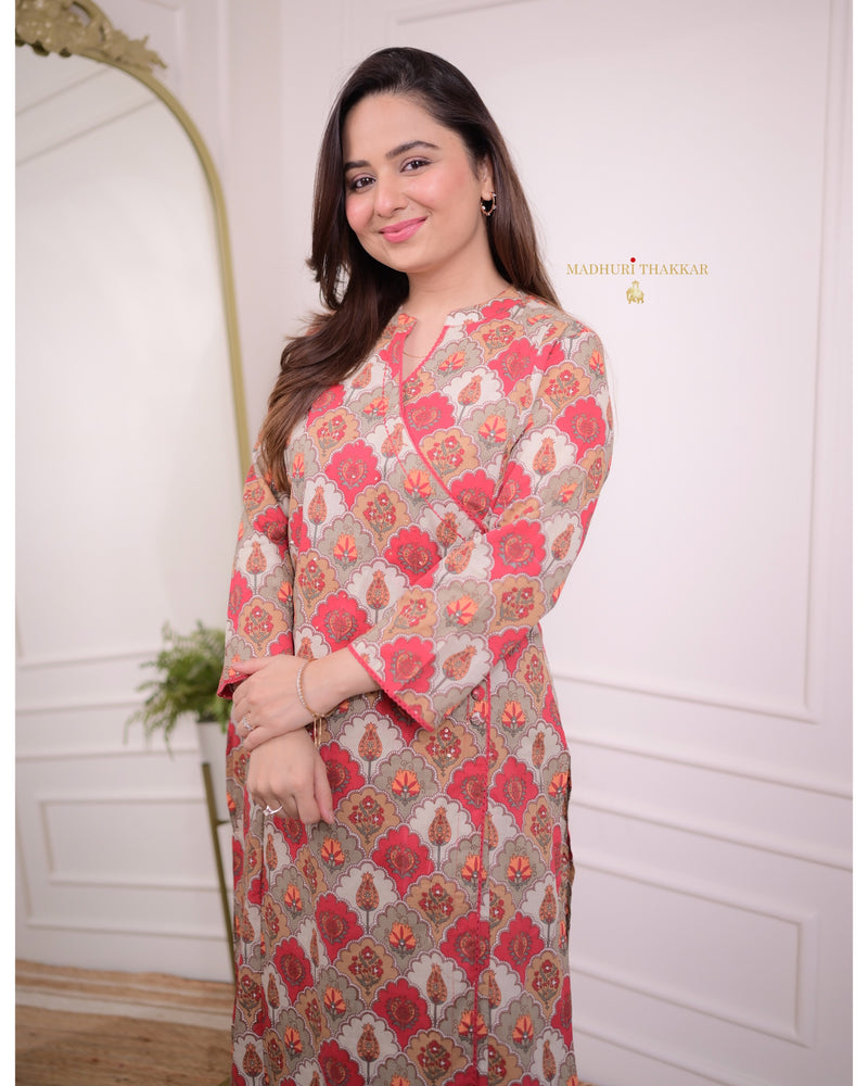 Grey Maroon Floral Sequin Kurta Set