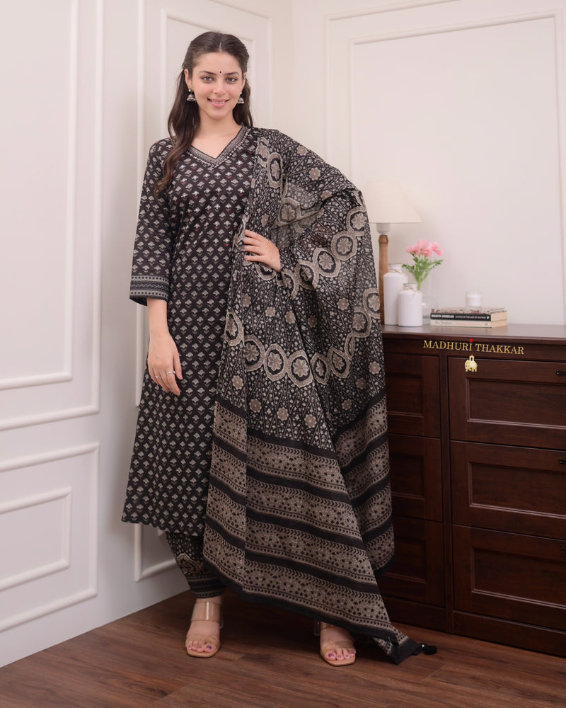 Black Printed Afghani Cotton Suit