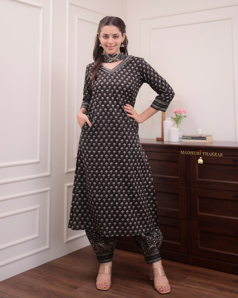 Black Printed Afghani Cotton Suit