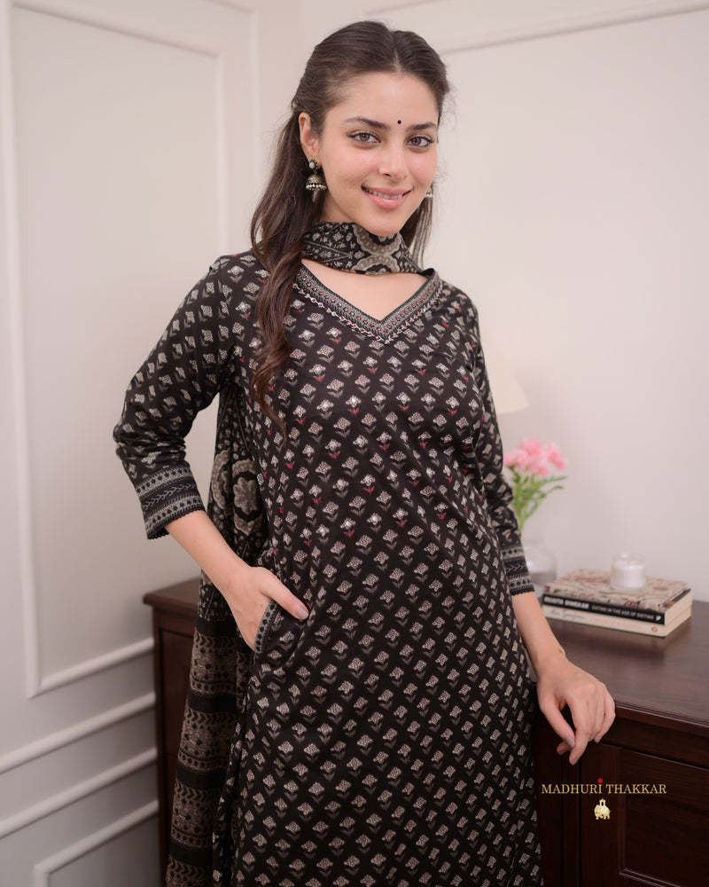 Black Printed Afghani Cotton Suit