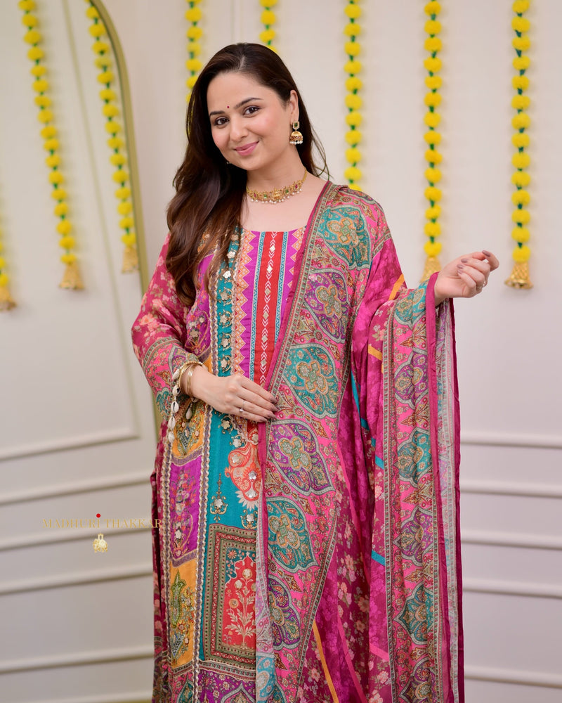 Wine Handwork Patchprint Festive Suit