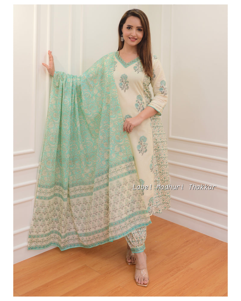 Ivory-Green Floral Afghani Suit