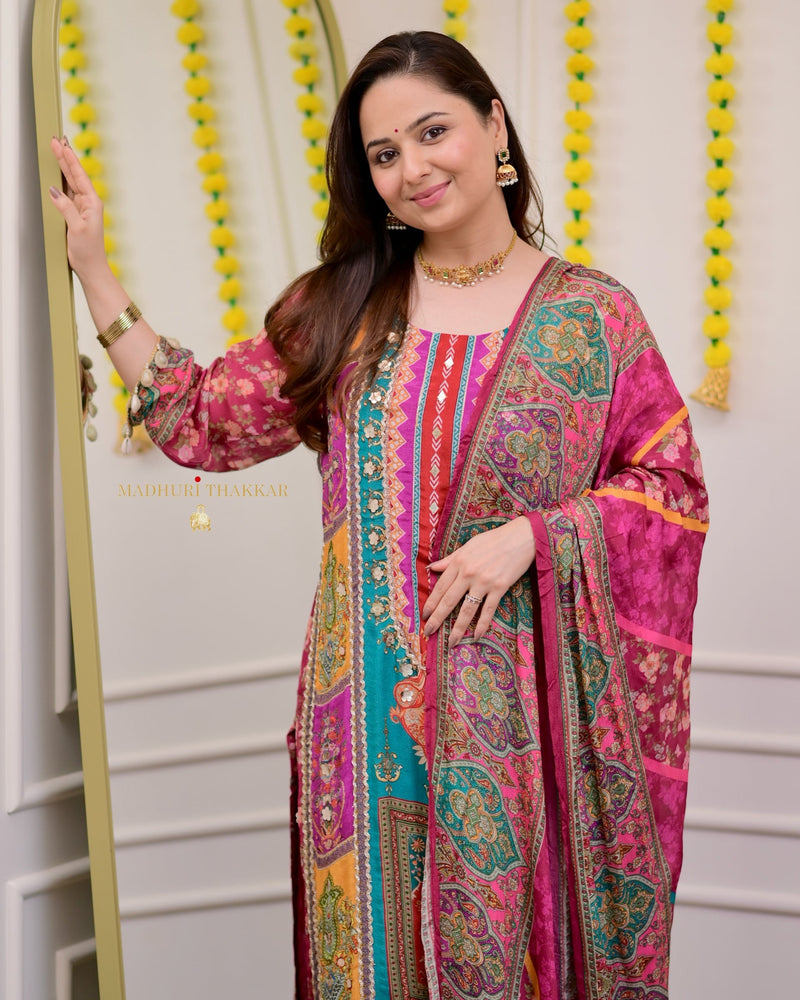 Wine Handwork Patchprint Festive Suit