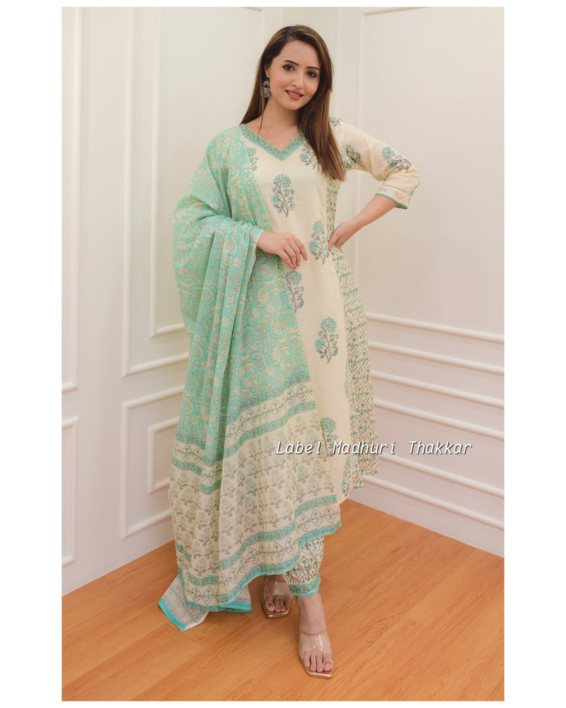 Ivory-Green Floral Afghani Suit