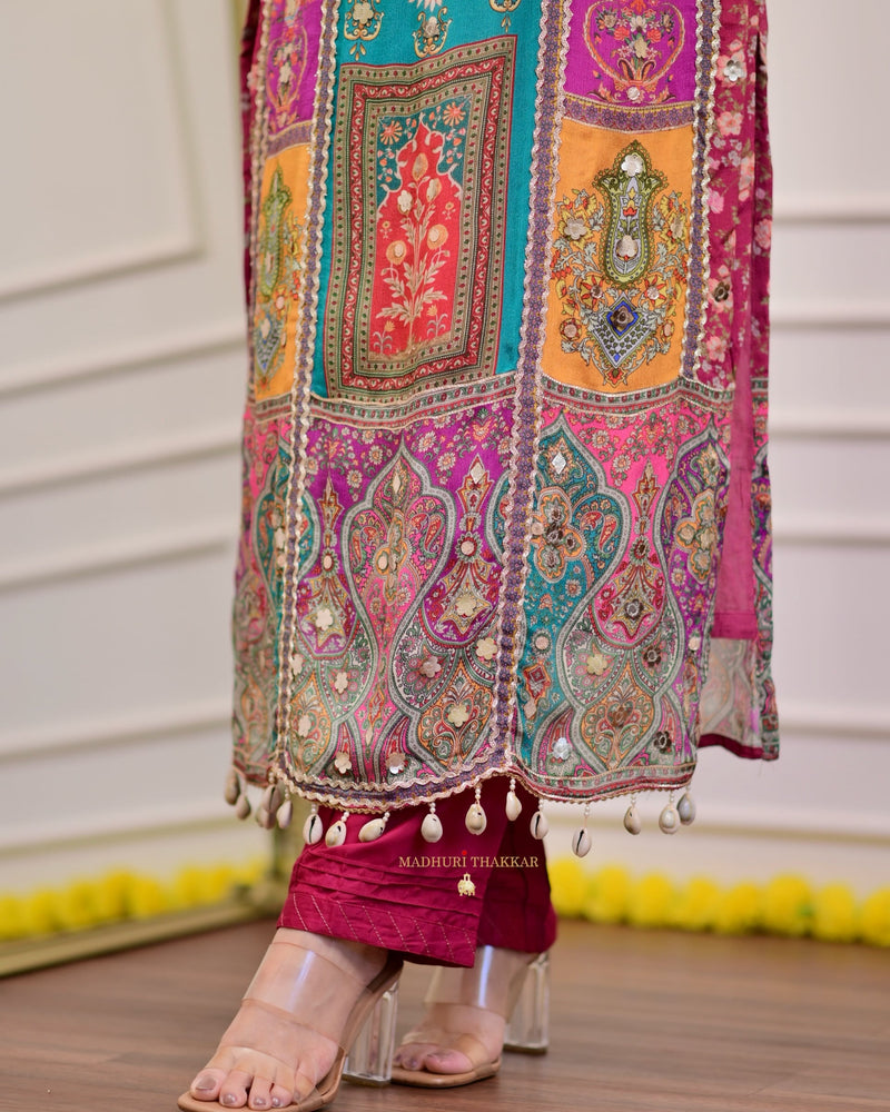 Wine Handwork Patchprint Festive Suit