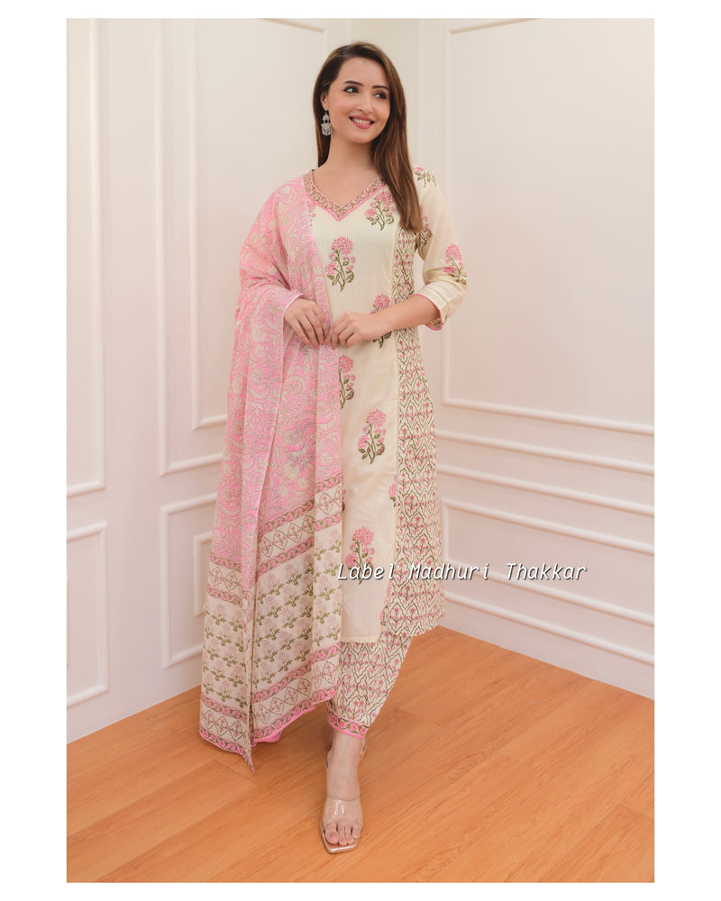 Ivory-Pink Floral Afghani Suit