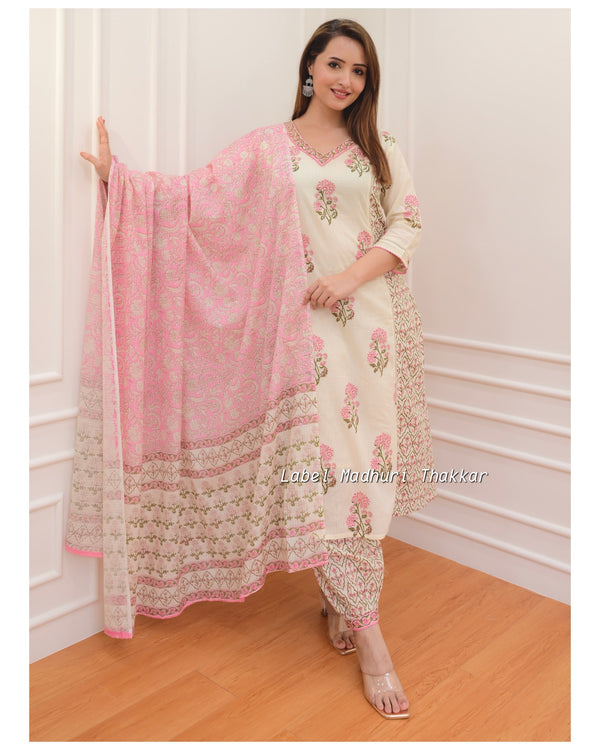 Ivory-Pink Floral Afghani Suit