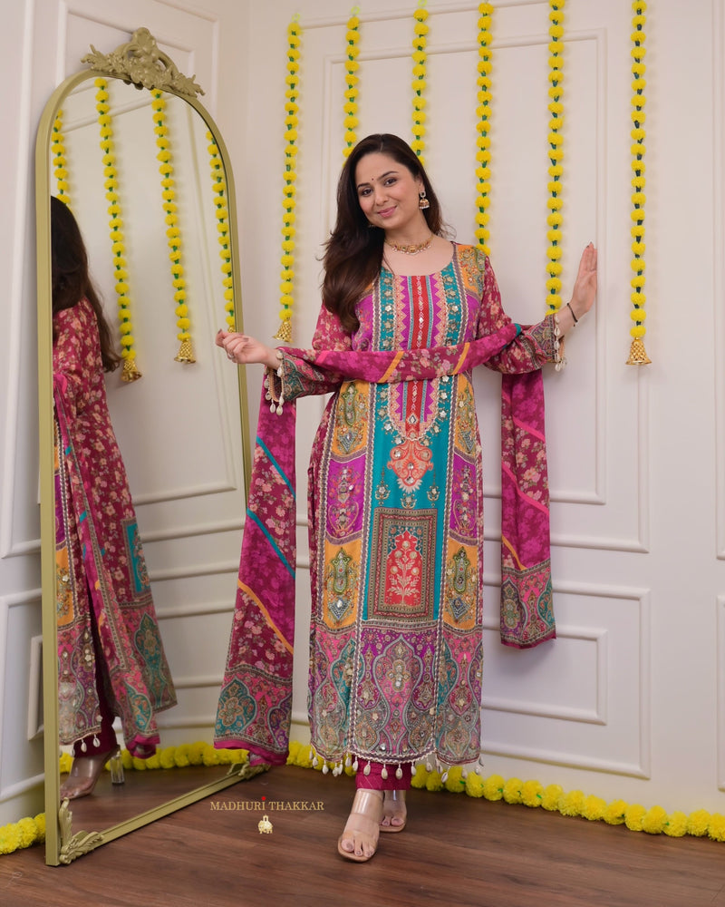 Wine Handwork Patchprint Festive Suit