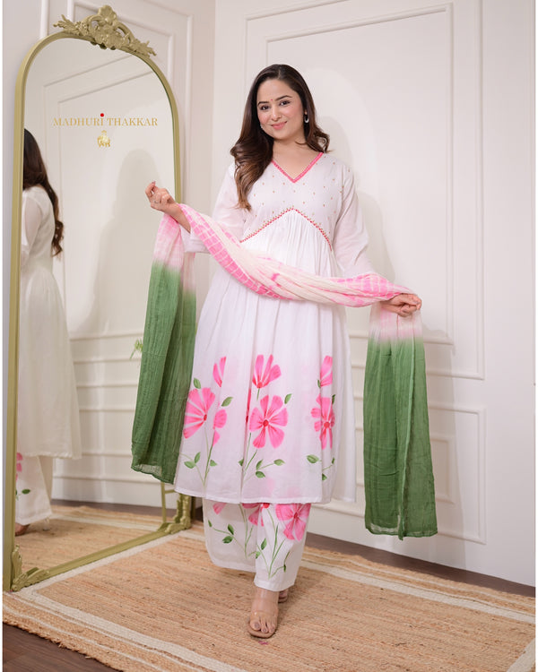White-Pink Mul Cotton Aline Hand Painted Suit