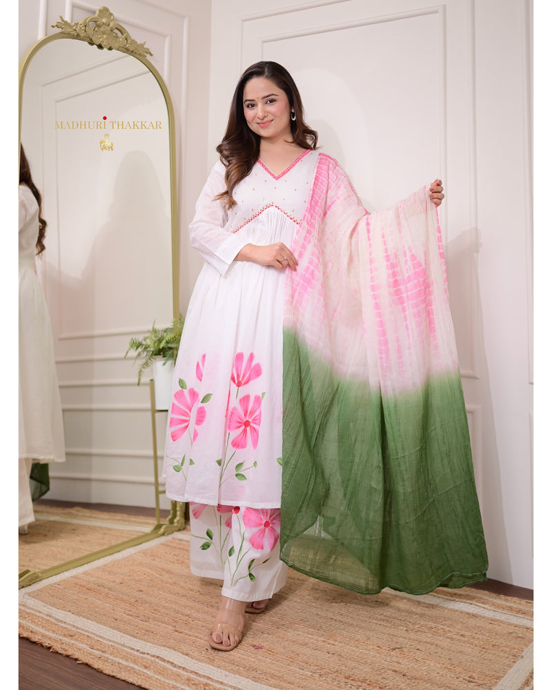 White-Pink Mul Cotton Aline Hand Painted Suit
