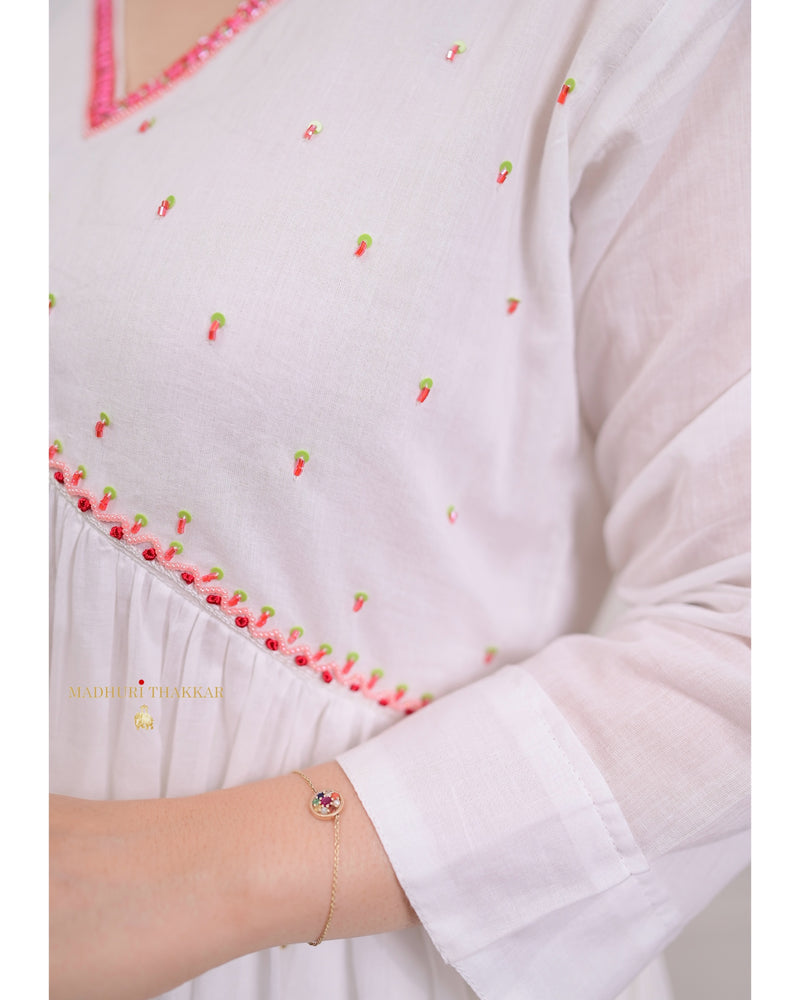 Pink-White A Line Mul Cotton Handwork Suit