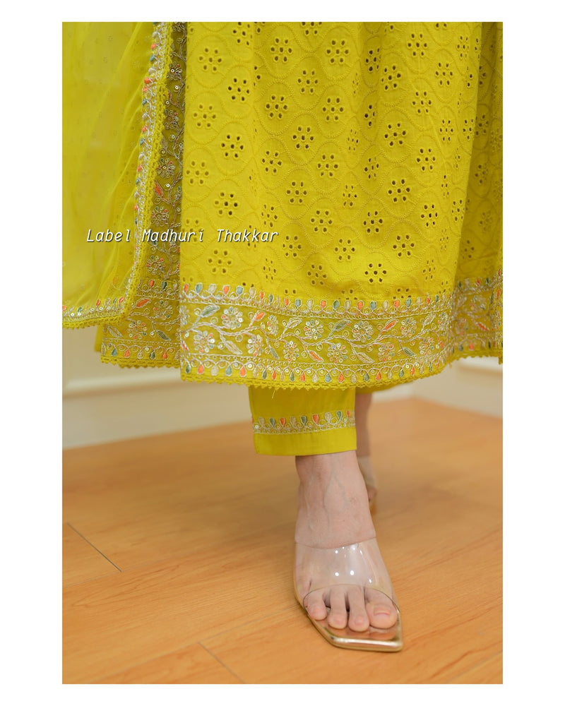 Yellow Schiffli Embroidered Anarkali Suit