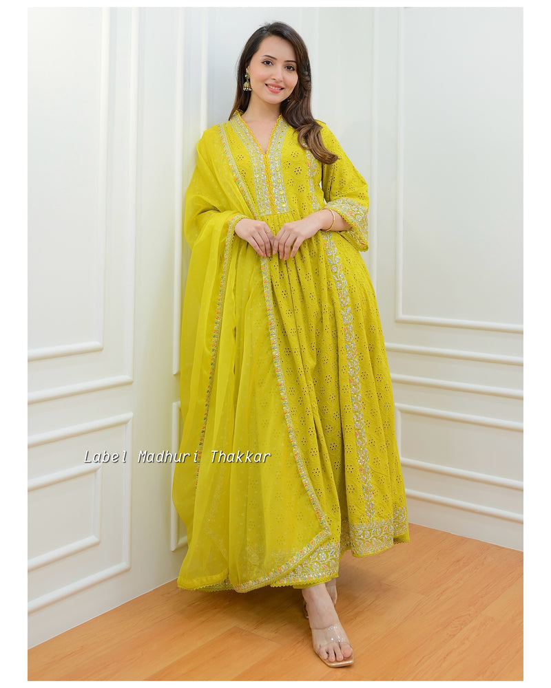 Yellow Schiffli Embroidered Anarkali Suit