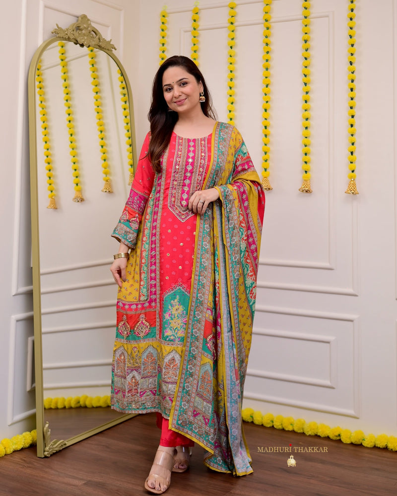 Red Handwork Muslin Patchprint Suit