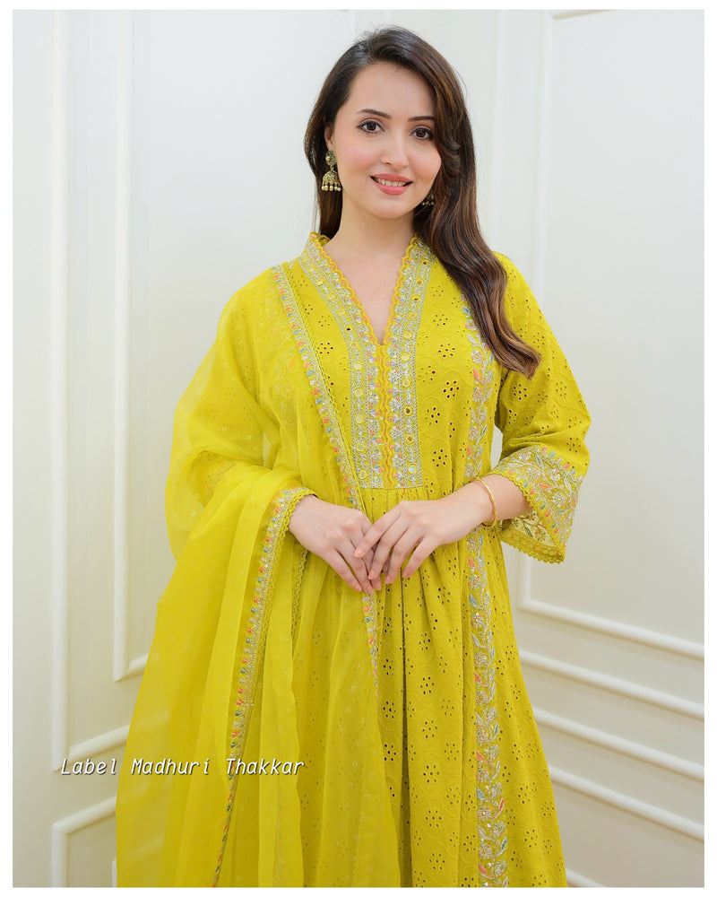 Yellow Schiffli Embroidered Anarkali Suit