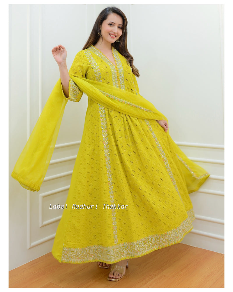 Yellow Schiffli Embroidered Anarkali Suit
