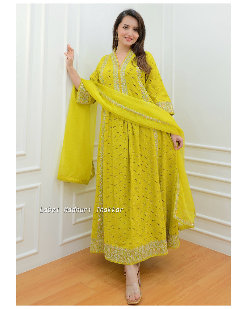 Yellow Schiffli Embroidered Anarkali Suit