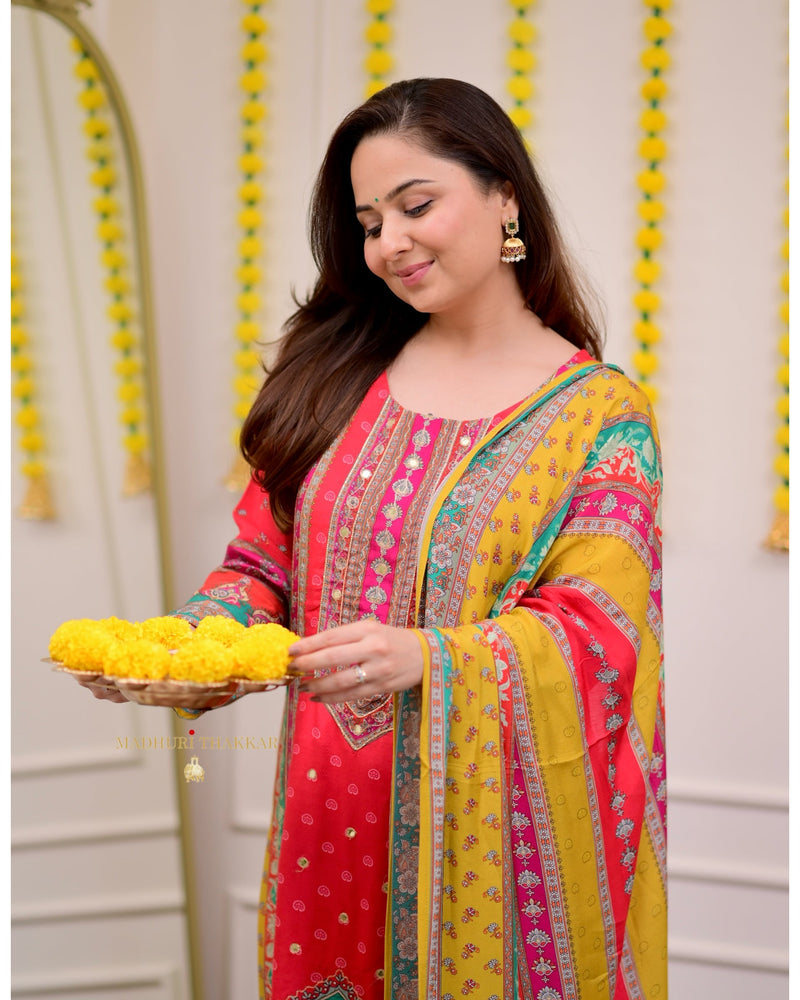 Red Handwork Muslin Patchprint Suit