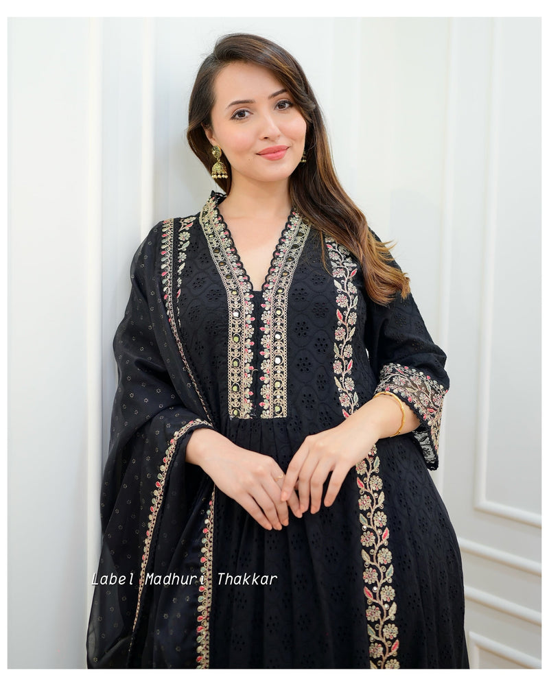 Black Schiffli Embroidered Anarkali Suit
