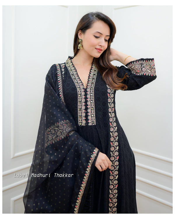 Black Schiffli Embroidered Anarkali Suit