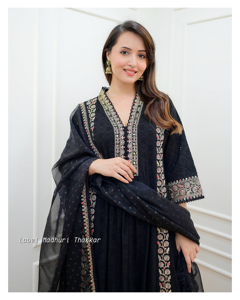 Black Schiffli Embroidered Anarkali Suit