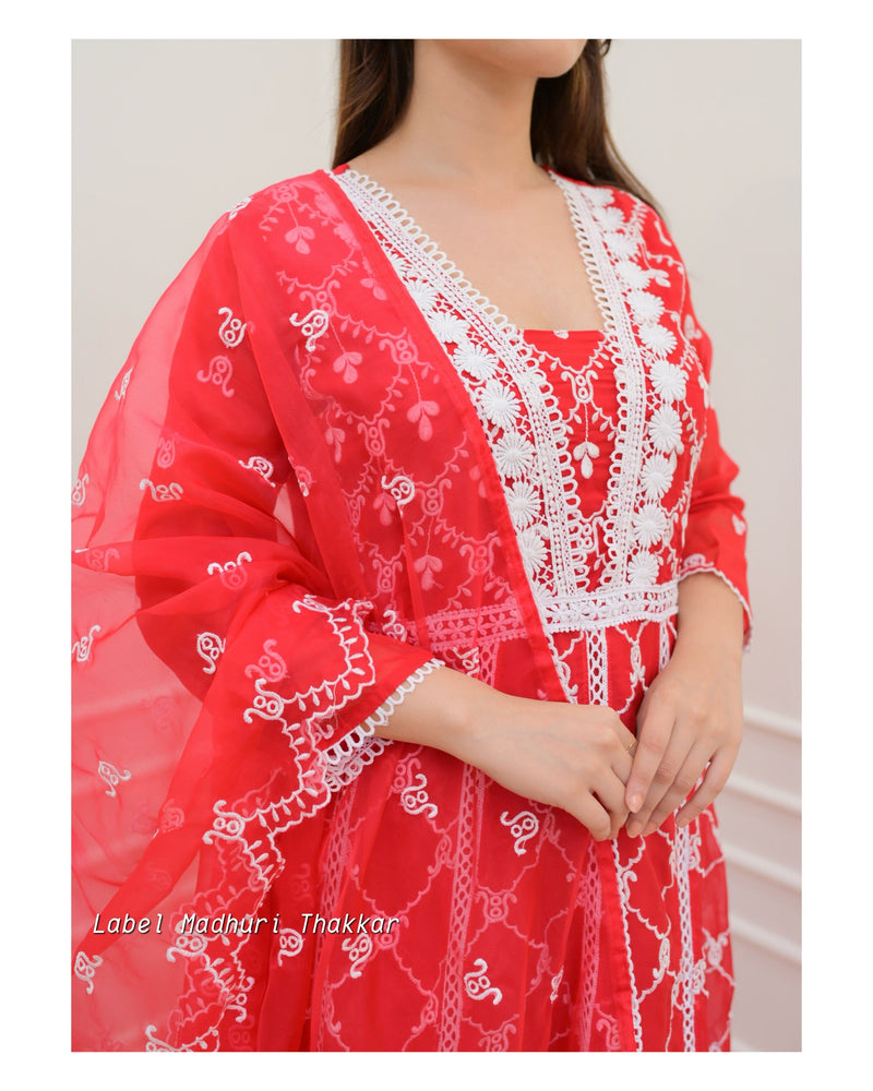 Red Organza Schiffli Anarkali