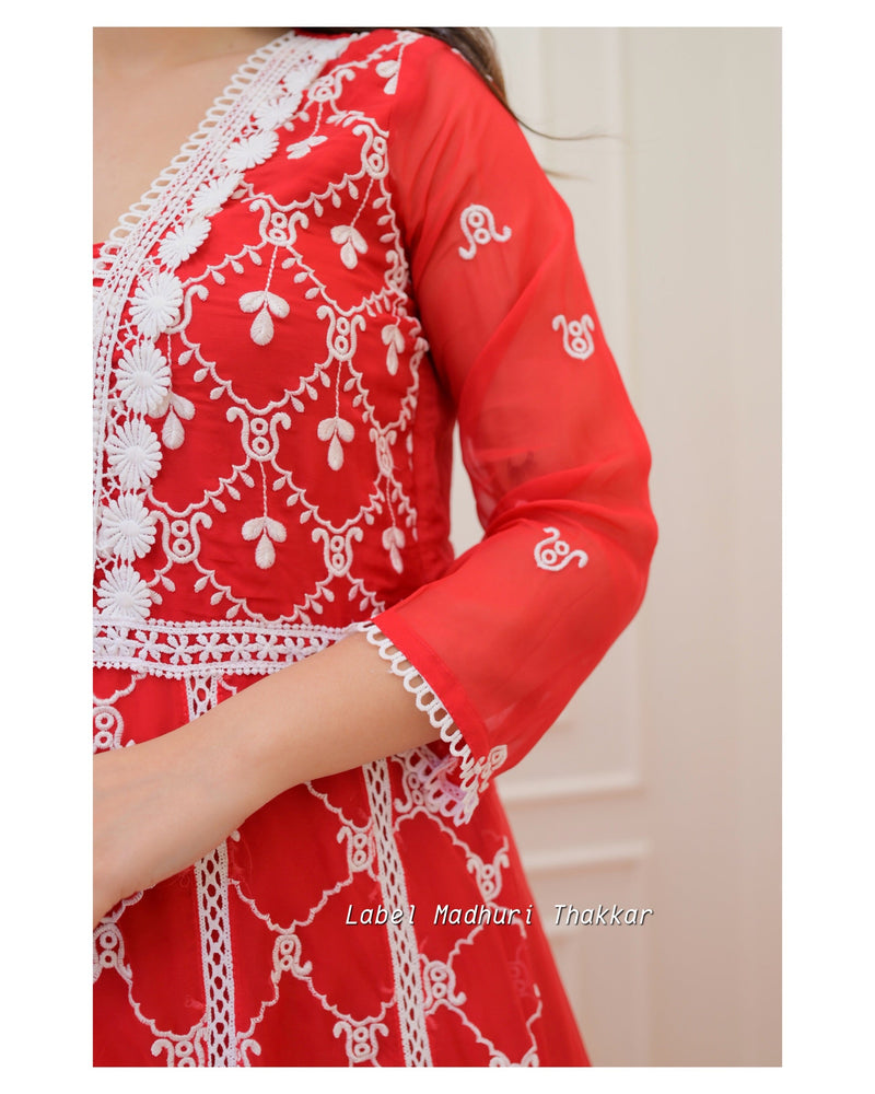 Red Organza Schiffli Anarkali